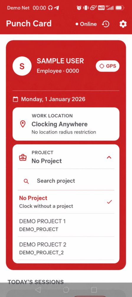 Smart GoGo project selection dropdown on the Punch Card