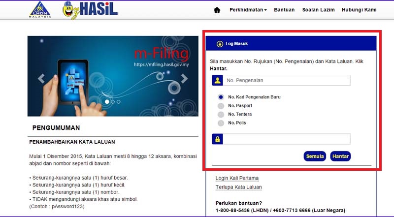 login into e-Filing in Johor Bahru website