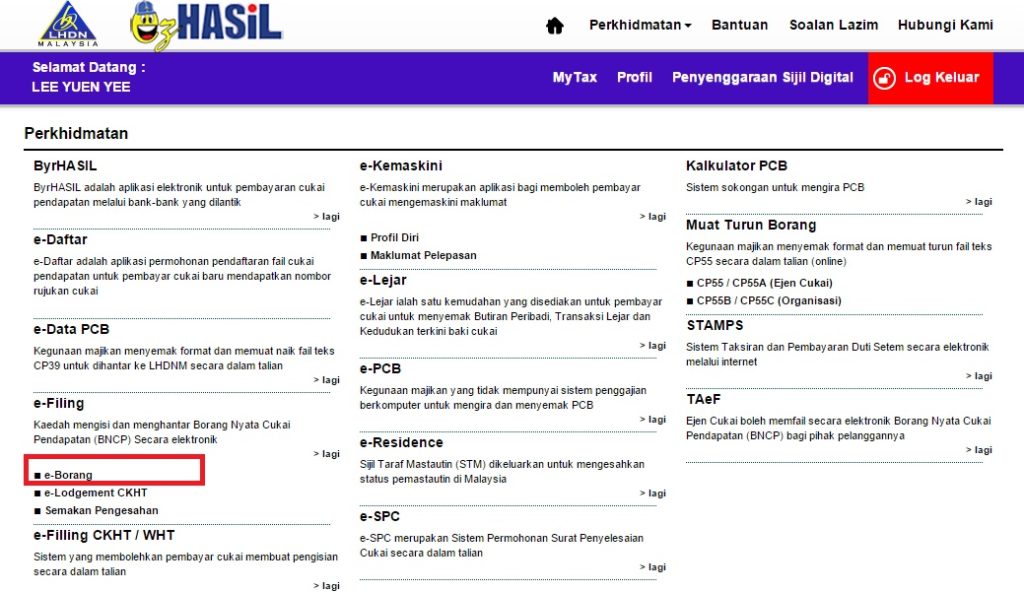 choose e borang in e-Filing 2019 website